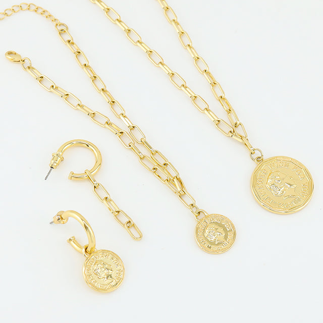 Wishing Coin gold plated jewelry consist of earrings, neckalces and bracelet.