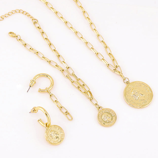 Wishing Coin gold plated jewelry consist of earrings, neckalces and bracelet.