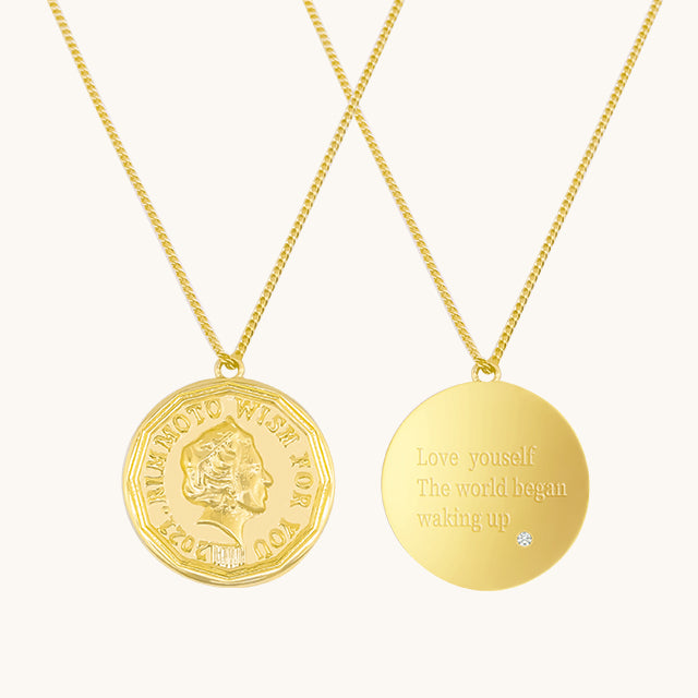 The front and back of big coin necklace.