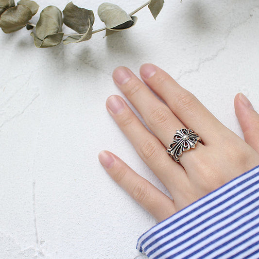 Silver Floral Cross Ring