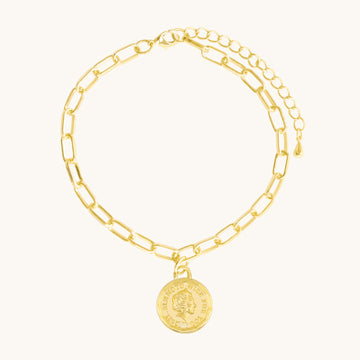 A gold coin chain bracelet.