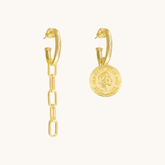 Wishing Coins Gold Asymmetrical Huggie Earrings