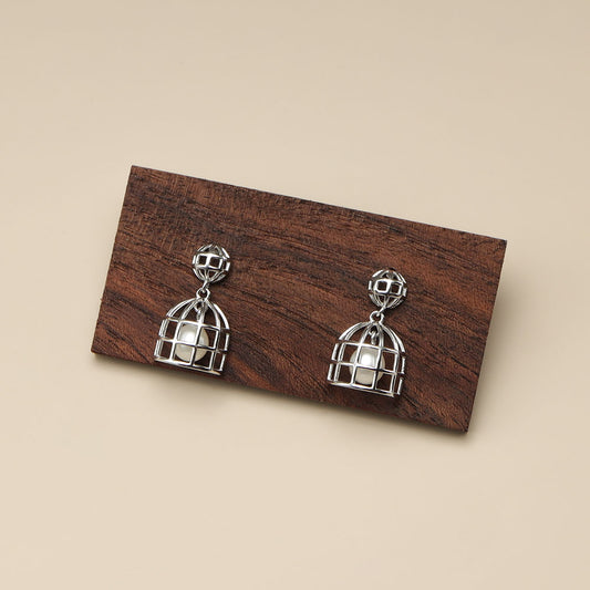 Pearl in Cage Silver Drop Earrings