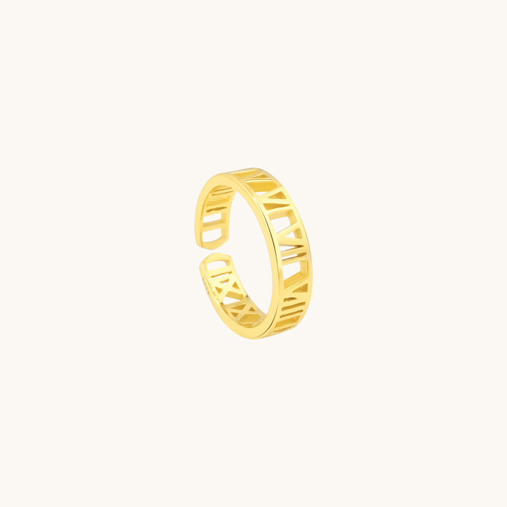 A gold roman numeral anniversary ring.